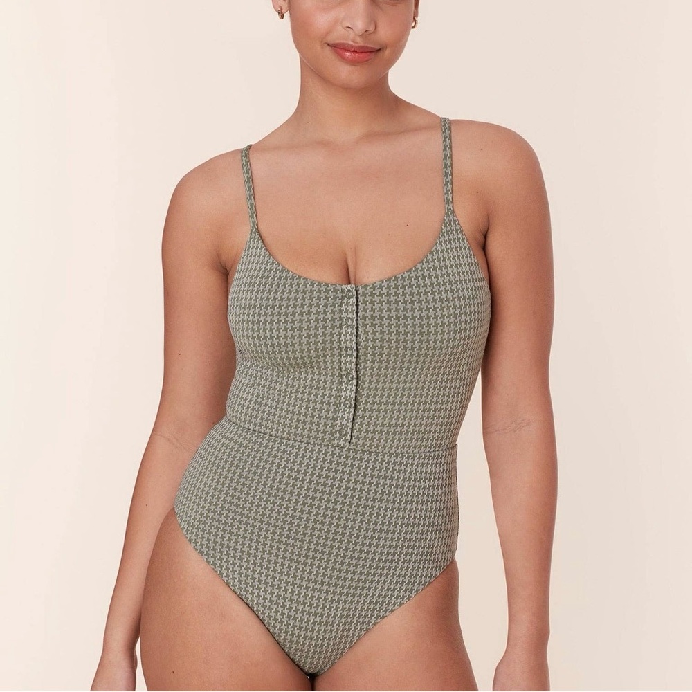 Andie Swim The Snap One Piece Green Olive Houndstooth Swimsuit